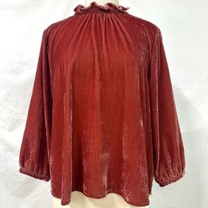 TROVATA BIRDS OF PARADIS Pink Velvet Ruffle Neck Bow Blouse M Balloon Sleeve